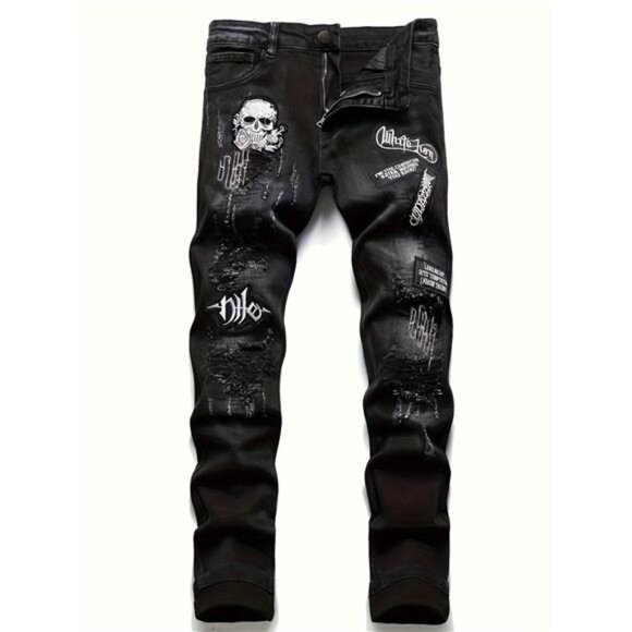 NWT Men's Black Punk Rock Distressed Skull Patch Jeans - Picture 1 of 5